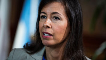 Photo of Jessica Rosenworcel in 2022 after speaking during The National Telecommunications and Information Administration (NTIA) 2022 Spectrum Policy Symposium at the National Press Club