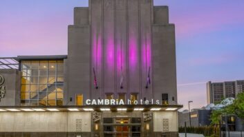 Photo of the front of the Cambria Hotel, formerly radio station WWJ, in Detroit