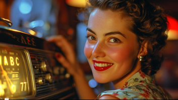 An image of a 1960s woman smiling at the camera, with her hand on a classic radio displaying the call letters WABC; the image has been created by an artificial intelligence tool