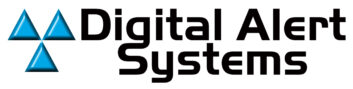 Logo of Digital Alert Systems with three blue triangles to the left of the company name, suggestive of a hazard warning sign