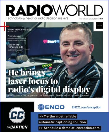Cover of the issue of Radio World showing Alan Jurison seated at a radio console