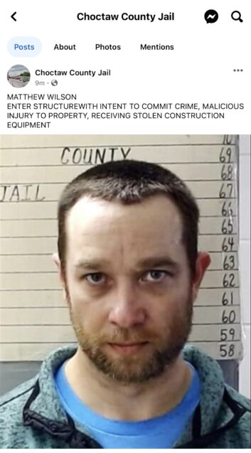 Matthew Wilson in a mug shot photo on the Facebook page of the Choctaw County Jail.