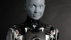 A photo of Ameca, a robot that uses artificial intelligence technology and resembles a human.