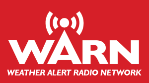 Logo of the Weather Alert Radio network, with the name in white letters against a red background