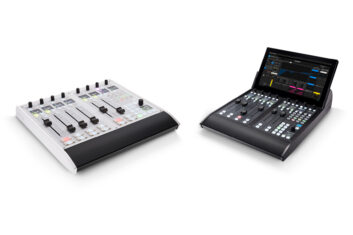 Two Lawo crystal mixing consoles, one in light finish, the other in dark