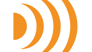 WorldCast systems logo consisting of a stylized audio signal emanating from a central point, in orange over white