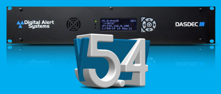 A photof of an EAS encoder/decoder, black, against a blue background, with a logo in front of it indicating Version 5.4
