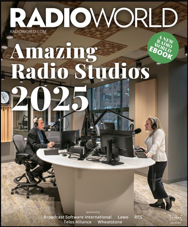 Cover of ebook with a photo of two people working in a bright new radio studio. One person sits at the controls at left, another stands at a guest position at the right.