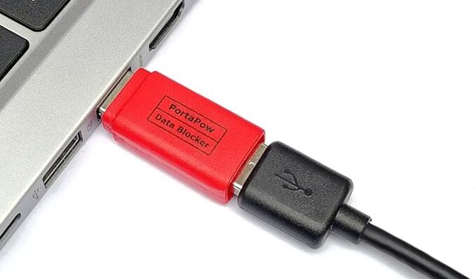 PortaPow’s USB Data Blocker ensures safe charging in public settings.