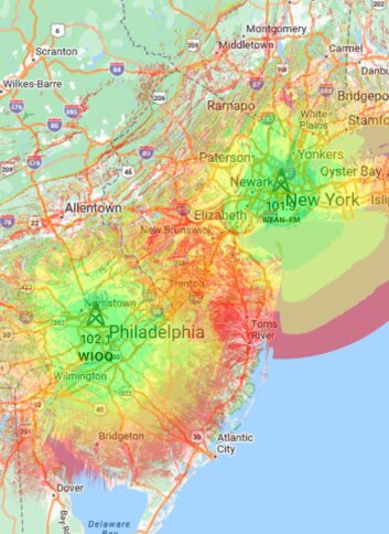 Longley-Rice depicted coverage of 101.9 WFAN(FM) and 102.1 WIOQ(FM). From the RadioLand app.