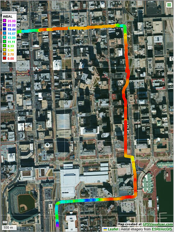 An aerial view of WBAL field strength on the route through downtown Baltimore. The city’s Camden Yards sports stadium is visible at bottom left. Field strength along the route is depicted in varying colors, with red showing less than 1 mV/m.