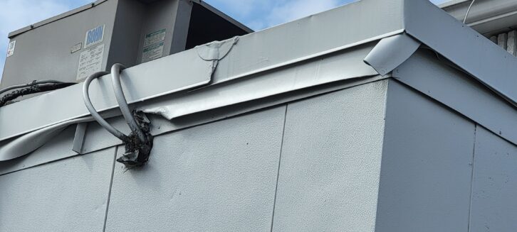 Winter storms can damage building fascia, at the lower edge of the roof overhang, leading to roof leaks.
