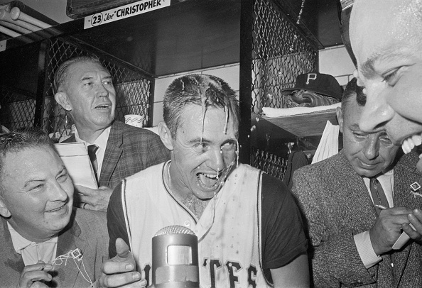 Pittsburgh Pirate Bill Mazeroski is doused with champagne in the locker room after hitting the home run that won the 1960 World Series for Pittsburgh over the New York Yankees. Credit: Getty Images/Bettmann.