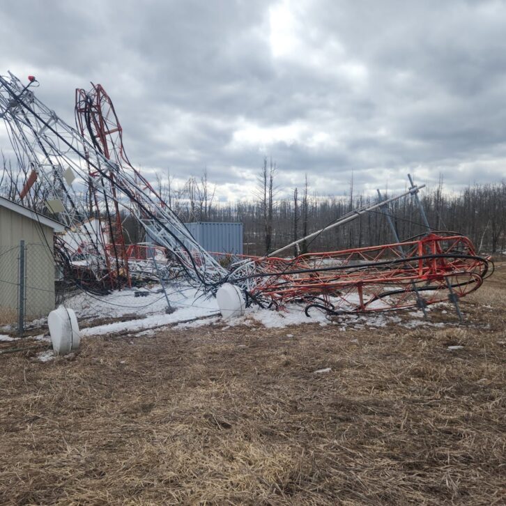 94.9 WMJZ(FM)'s collapsed tower in Gaylord, Mich., due to the ice storm.