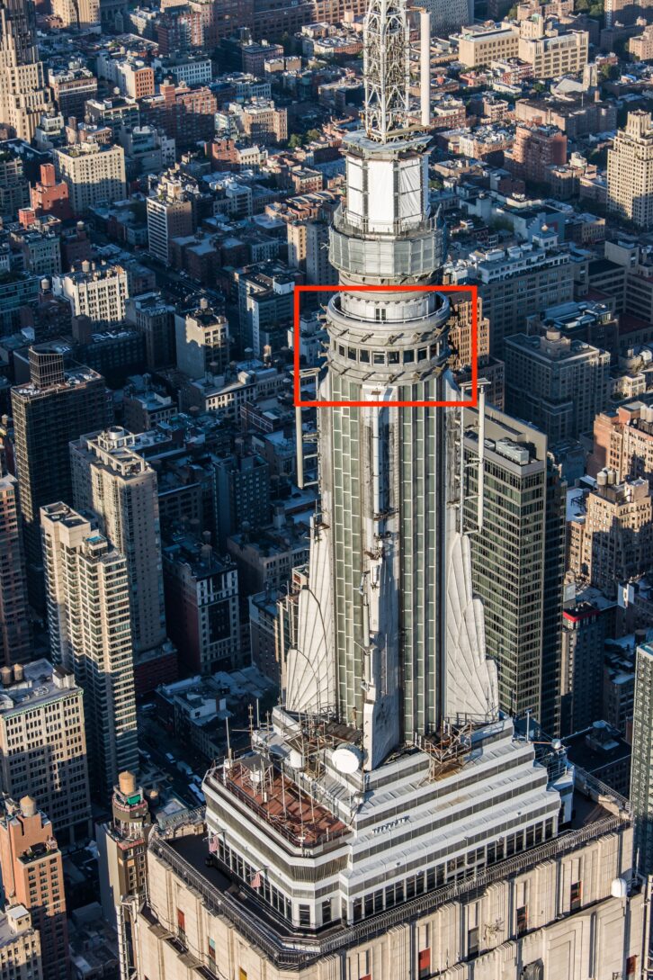 The Alford elements formerly atop the Empire State Building are visible within a red box. Photo courtesy Skanska.