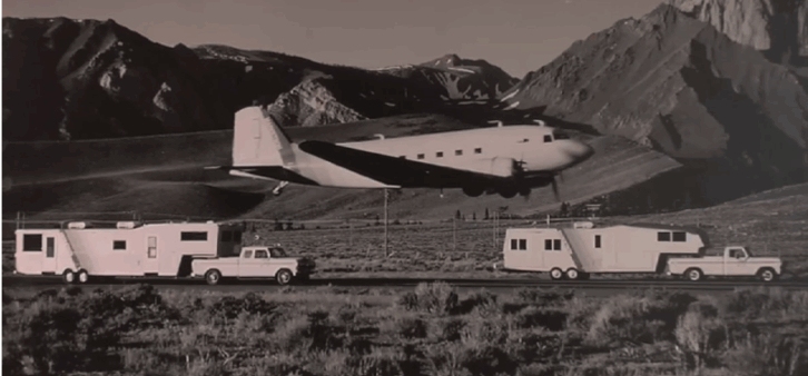 The plane Marketron used to travel the country, with trailers that contained a mainframe onboard for demonstration purposes.