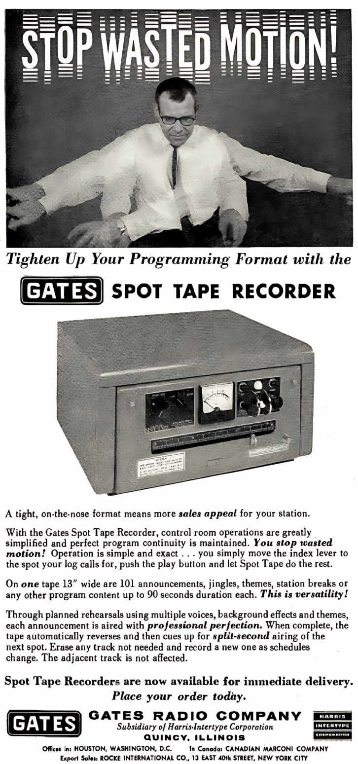A 1961 advertisement in Broadcasting magazine. “On one tape 13 inches wide are 101 announcements, jingles, themes, station breaks or any other program content up to 90 seconds duration each.”Credit: Courtesy worldradiohistory.com