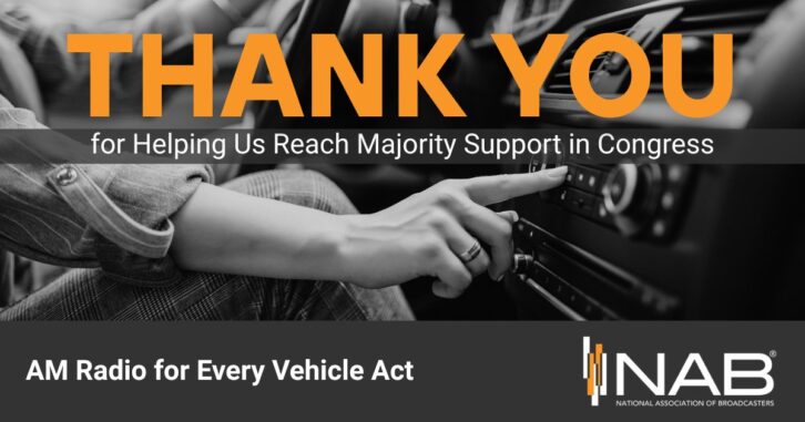 An NAB graphic highlighting the bipartisan congressional support for the AM Radio in Every Vehicle Act.