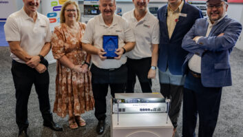 In the Tieline booth are Glenn Davies, Dawn Shewmaker, Will McLean, Anthony Sizer and Jacob Daniluck, with Paul McLane.