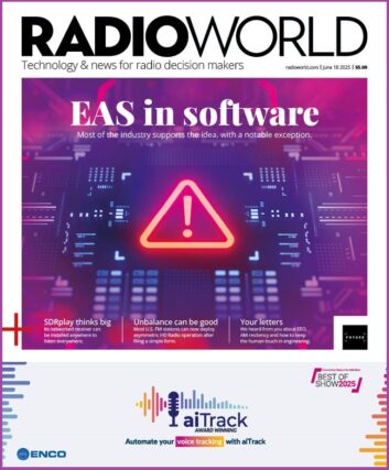 A cover of Radio World with the headline "EAS in software" and an image that shows an alert icon in front of a conceptual background suggesting technology