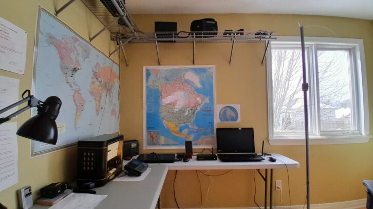 Inside the Ottawa DX shack of James Careless. An MLA-30 loop antenna that is deployed indoors on the pole to the right in the photo connects to the nRSP SDR’s first antenna port. A separate run to an attic longwire attaches to the nRSP’s second antenna port.