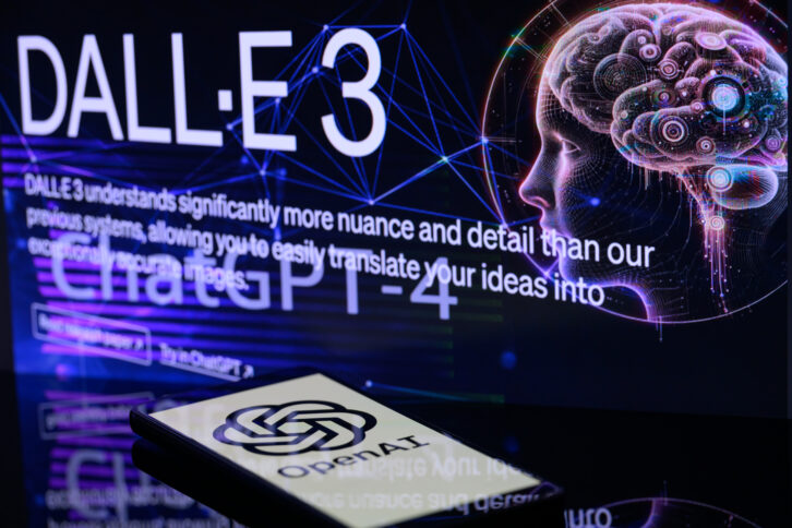 he OpenAI logo is being displayed on a smartphone with Dall.E 3 visible in the background in this photo illustration, taken in Brussels, Belgium, on January 2, 2024. (Photo illustration by Jonathan Raa/NurPhoto via Getty Images)