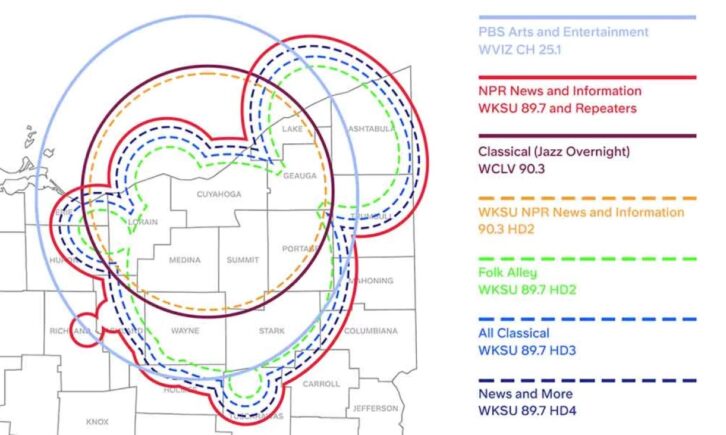 A map of northeastern Ohio showing the coverage footprint of Ideastream's radio and TV signals