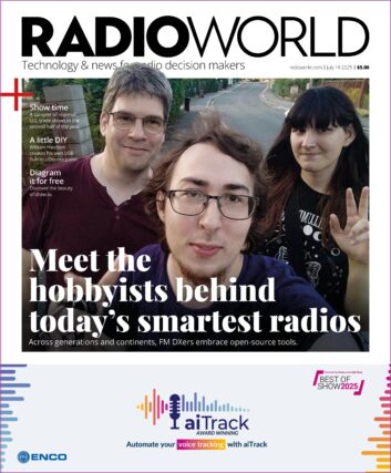 Cover of Radio World magazine with a photo of three young people looking into the camera and smiling