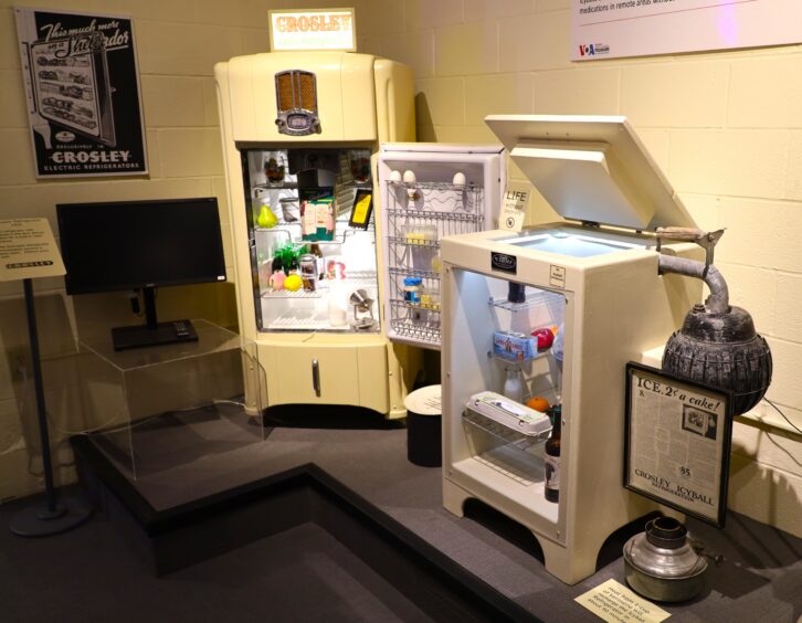 The museum also features an extensive collection of Crosley’s non-broadcast products, such as the first refrigerator with door-mounted shelves, the “Shelvador,” and a refrigerating device that worked without electricity, the “Icyball.”