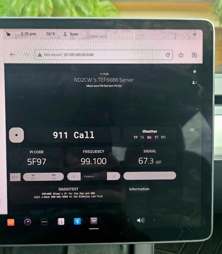 Community member Ivan Cholakov, NO2CW, uses a screen in his Tesla to listen to his TEF webserver in Florida.