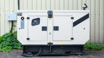 auxiliary diesel generator for emergency power supply. Industrial generator connected to the control panel by a cable wire. Backup power supply of the generator