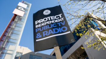 People in Washington D.C. participate in a rally to call on Congress to protect funding for US public broadcasters. Credit: Saul Loeb via Getty Images