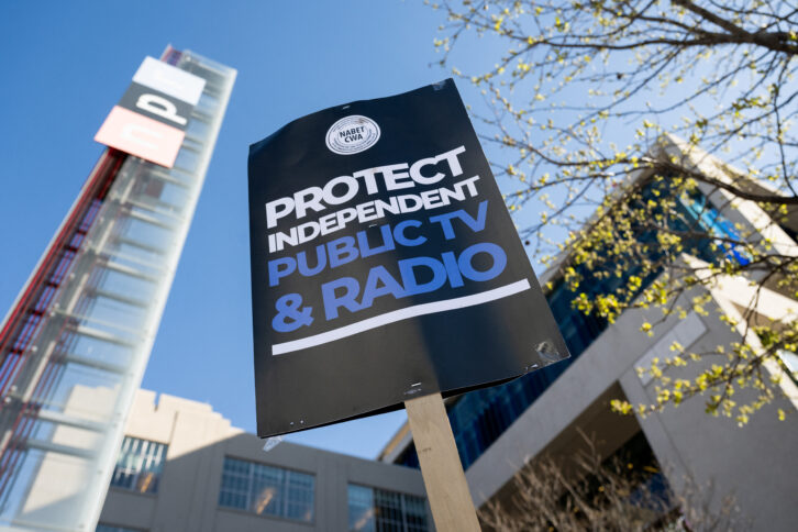 People in Washington D.C. participate in a rally to call on Congress to protect funding for US public broadcasters. Credit: Saul Loeb via Getty Images
