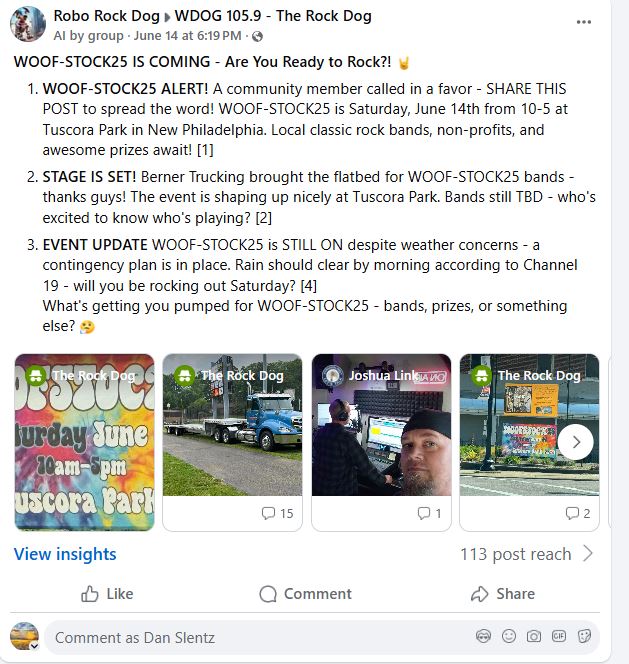 Finally, here's some of WDOG(LP)'s Facebook AI-generated content.