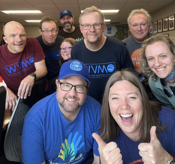 WVMO is a regular participant in Vinylthon. Here, hosts FRONT ROW - Dave B. Fashion (Under the Covers), DJ Shotski (Polka Time); SECOND ROW - Will Nimmow (MCM Director), Jeff Perry (This Week in Music History), Meg Wise (Four Lakes Frequency); BACK ROW - Joe Martin (WVMO Director), Jessie Johanneck (WVMO Volunteer), Marcus Johan (The Good Kind), Kirk Swenson (VINYL/not vinyl)
