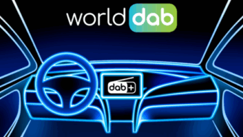 A stylized representation of a car dashboard with the WorldDAB logo above it