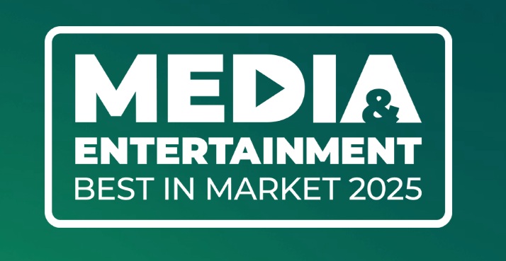 Awards logo with white lettering on green background that says "Media & Entertainment Best in Market 2025"