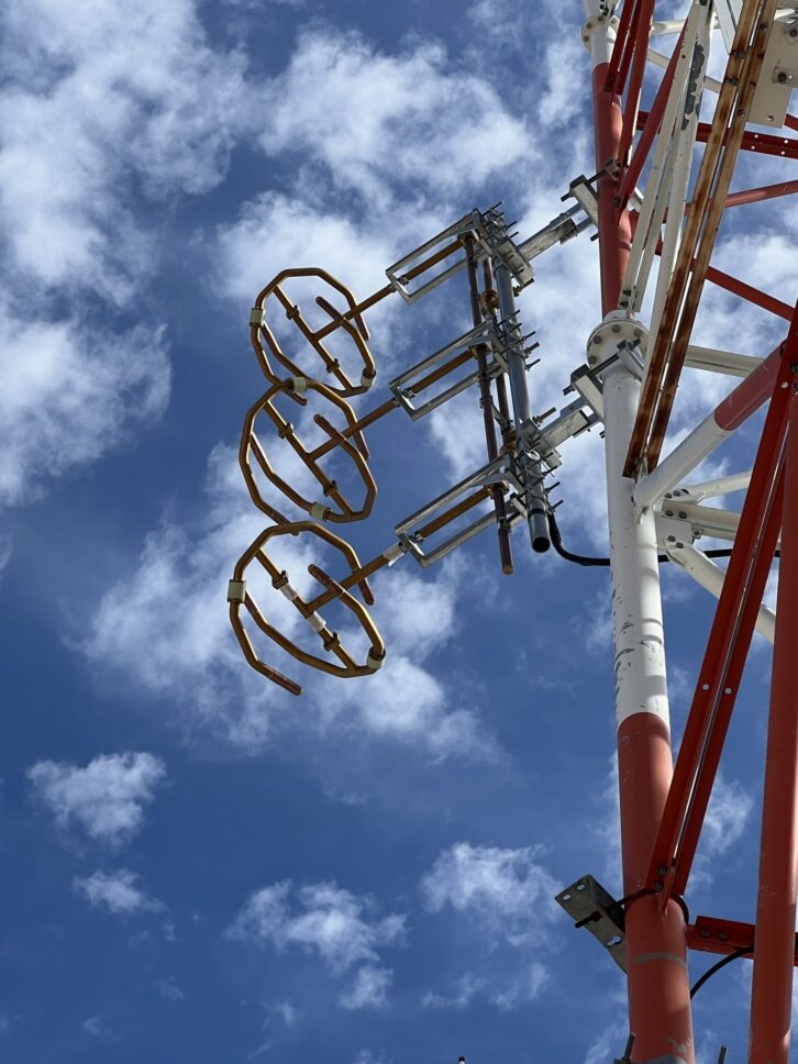The 3-bay antenna used at KADD-FM6 in St. George. GBS went with an omni-directional due to the terrain to the south, there was very little of the main site's signal in the area to interfere with it. This is rather unique, but this configuration allows FM6 to provide better coverage to a larger number of people in the market.