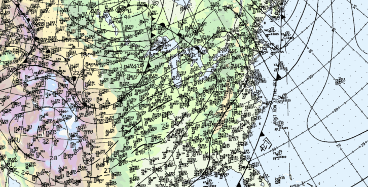This weather surface map was generated from the National Weather Service's Weather Prediction Center Surface Analysis Archive.