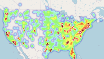 U.S. lower 48 FM HD Radio stations, with the dots representing stations in the Top 50 Nielsen radio markets.