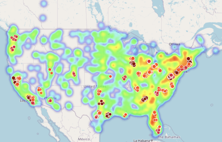 U.S. lower 48 FM HD Radio stations, with the dots representing stations in the Top 50 Nielsen radio markets.