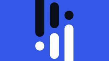 An abstract logo of black and white characters, suggestive of exclamation marks, on a blue background