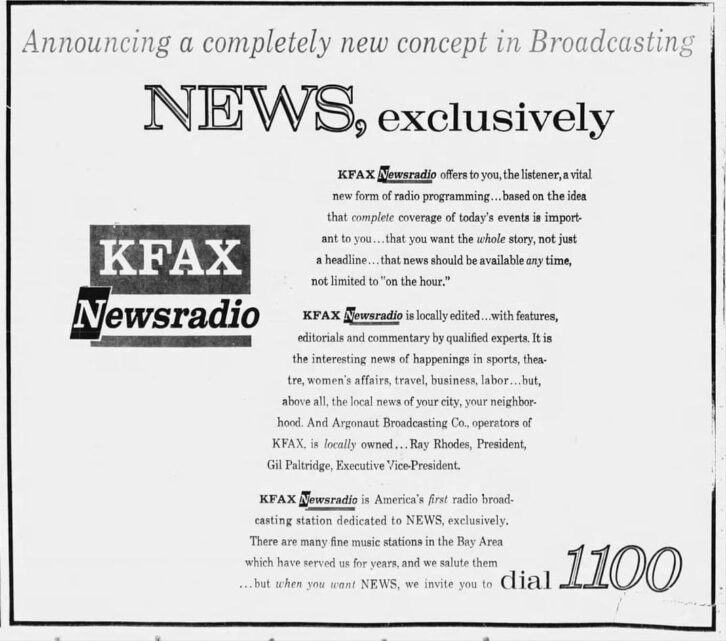 An 1100 KFAX Newsradio ad, from John Schneider's website, the Radio Historian.
