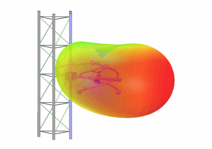 Ansys HFSS model of a ring-style antenna bay on a tower during preparation for AI optimization.