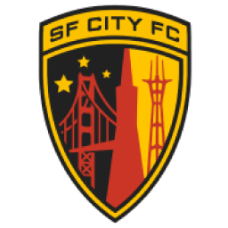 The uniform badge of the San Francisco City Football Club contains the Golden Gate Bridge and Sutro Tower, side by side.
