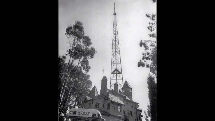 The Sutro mansion was sold to ABC in 1948. ABC converted it into a broadcast studio and transmission facility for KGO(TV), adding a 580-foot steel tower. The mansion and tower were demolished in 1974.Credit: Explore Sutro Tower 