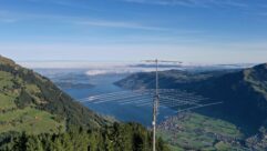 A mounted Optibeam OB9-5 antenna monitors the 10m, 12m, 15m, 17m and 20m radio bands, anchoring the remote listening setup on Mount Rigi in Switzerland.