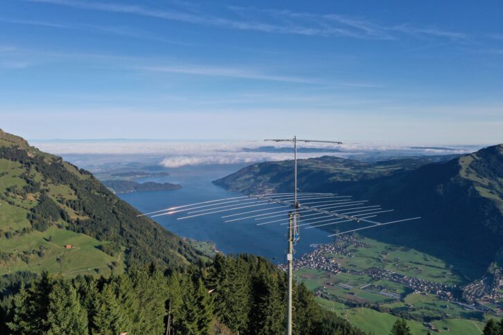 A mounted Optibeam OB9-5 antenna monitors the 10m, 12m, 15m, 17m and 20m radio bands, anchoring the remote listening setup on Mount Rigi in Switzerland.