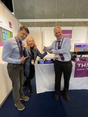 Thimeo's Tom Evers, Marianne Seidler and Hans Van Zutphen accepted the hardware for Angry Audio.