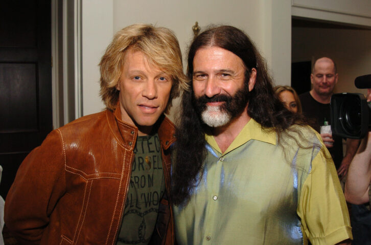 Jon Bon Jovi and Pierre Robert of WMMR Radio during LIVE 8 - Philadelphia - Cocktail Reception Hosted by Jon Bon Jovi at Ritz-Carlton Hotel in Philadelphia, Pennsylvania, United States. (Photo by Theo Wargo/WireImage for Ken Sunshine Consultants, Inc.)